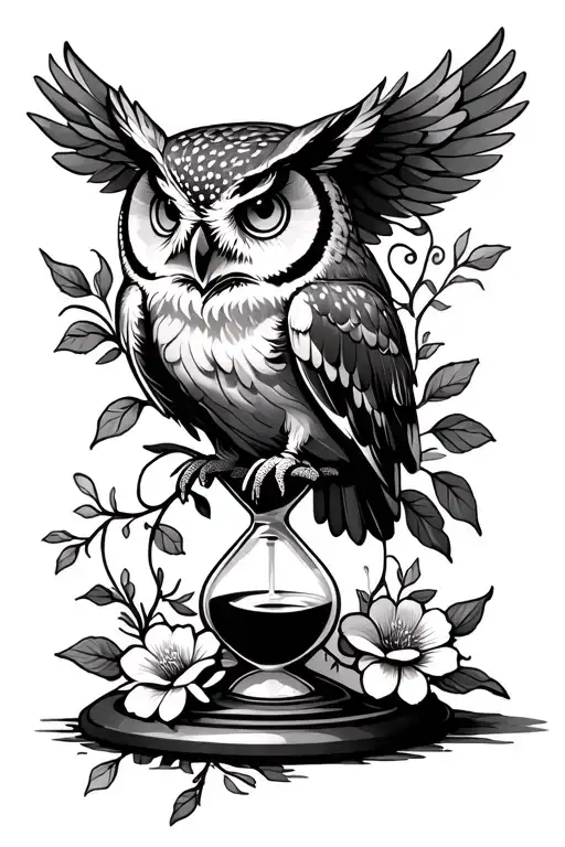 Owl On Top Of An Hourglass With Flowers Or Vines
