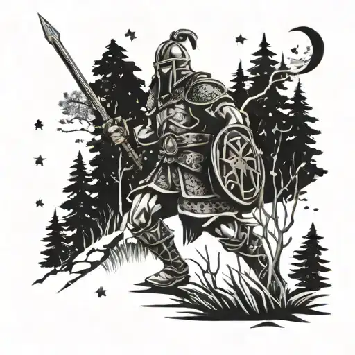 Warrior Walking Through The Woods At Night With Moon And Stars