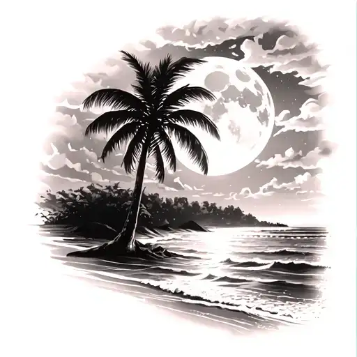 Night Beach Scene With Palm Trees And A Full Moon