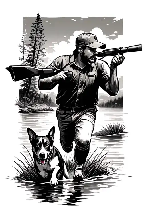 Duck Hunting Guy Aiming Dog Running