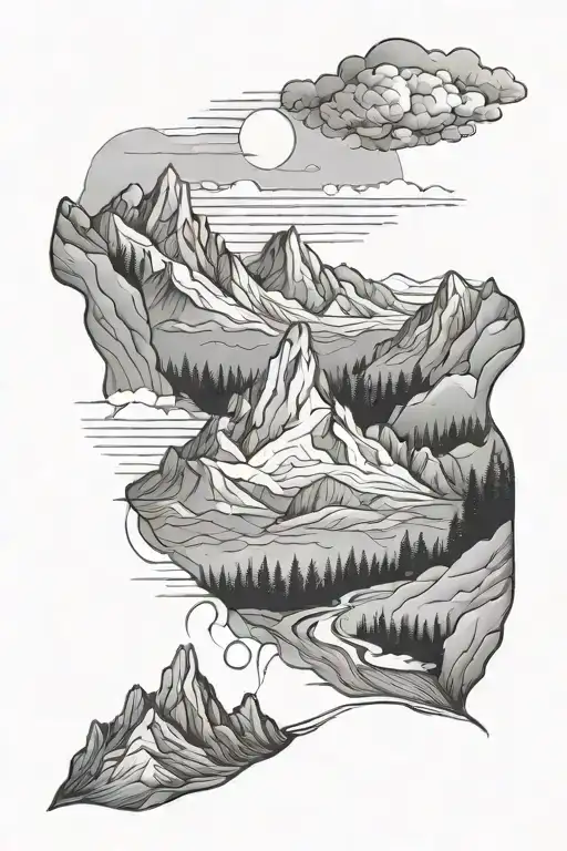 Mountain Scene With Line Work