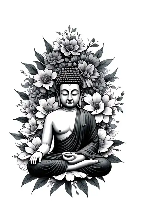 Buddha Meditating Surrounded By Flowers