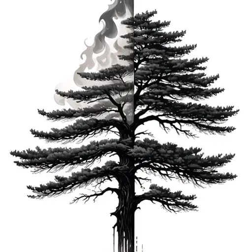 Half Burning Half Thriving Pine Tree Growing