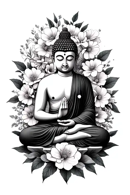 Buddha Meditating Surrounded By Flowers Wrapped