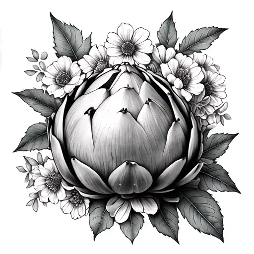 A Fig And A Artichoke Wrapped In Many Leaves And Flowers