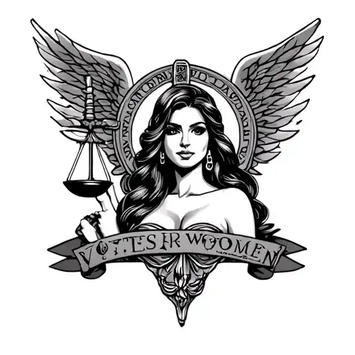 Real Life Looking Chicano Lady Justice Tattoo With Female And Peace Sign And Votes For Women Banner