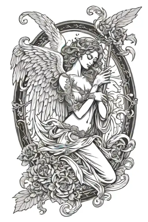 Angel With Siligism Fine Line Designs Surrounding