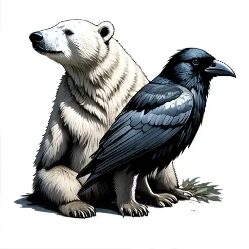 Polar Bear And Raven Bird Sitting