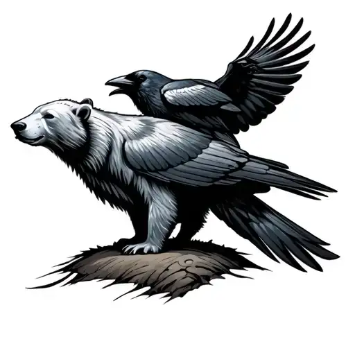 Polar Bear And Raven Bird Sitting Atop