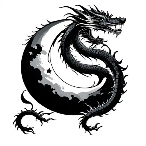 A Japanese Dragon Winding On The Moon