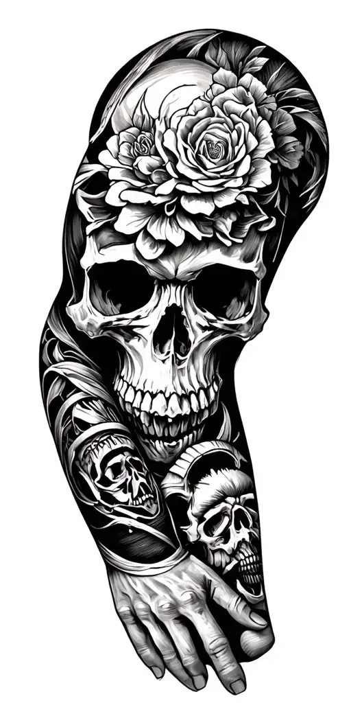 Skull Arm Sleeve Tattoo Featuring Iconic Symbols Not Flowers