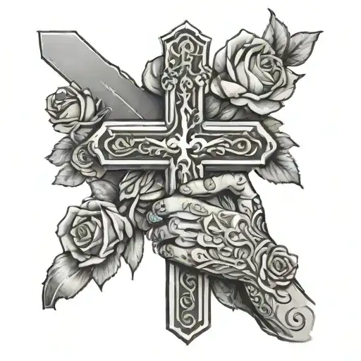 Praying Hands Holding A Cross Surrounded With Roses