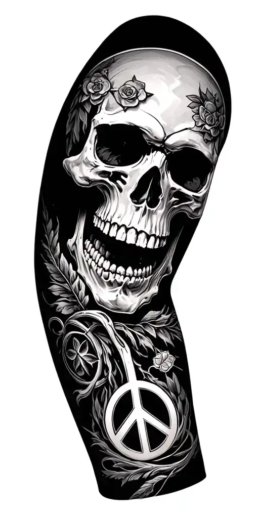 Skull Arm Sleeve Tattoo Featuring Iconic Symbols Peace