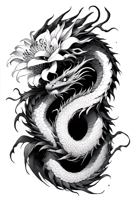 Japanese Dragon Wrapping A Spider Lily