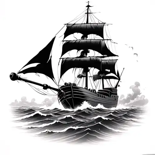 Ship Sailing Through Stormy While Firing Cannon