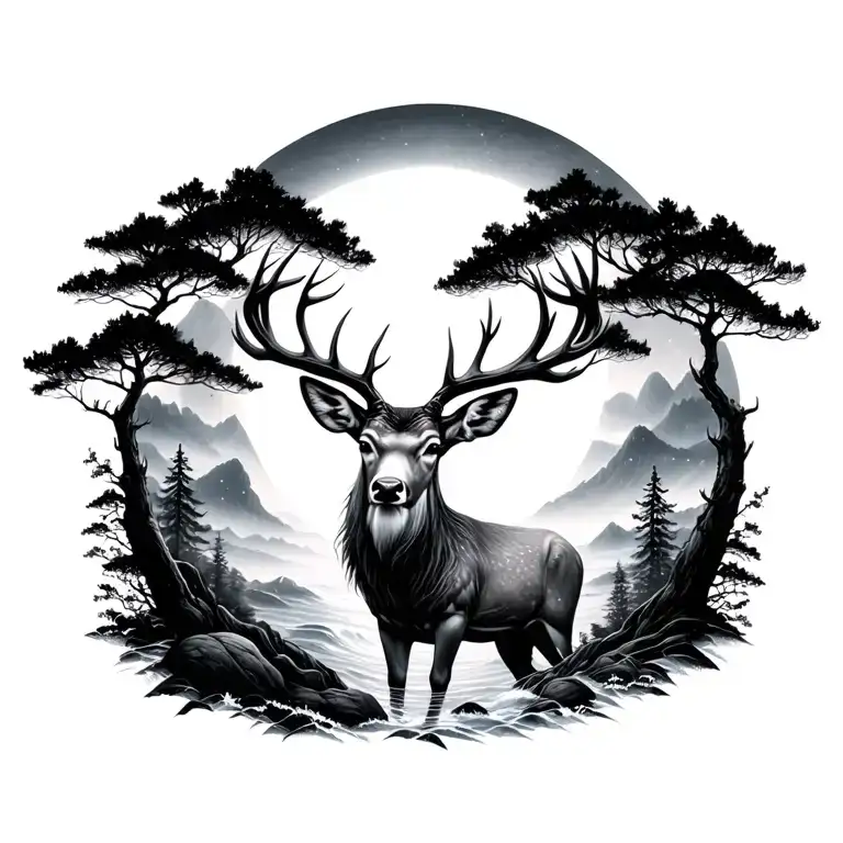 Ocean Moonlight Deer Forest Landscape