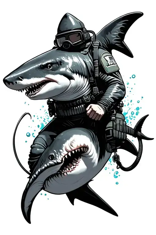 Shark With Marine Combat Diver Riding