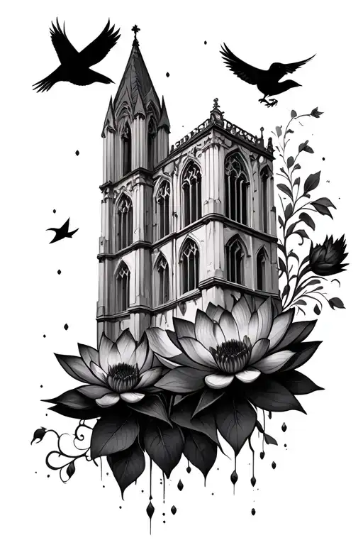 Old Cathedral Tower Floating With Black Lotus Flowers And Crows