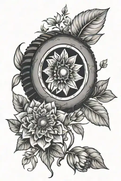 Tire And Bachelor Button Flower