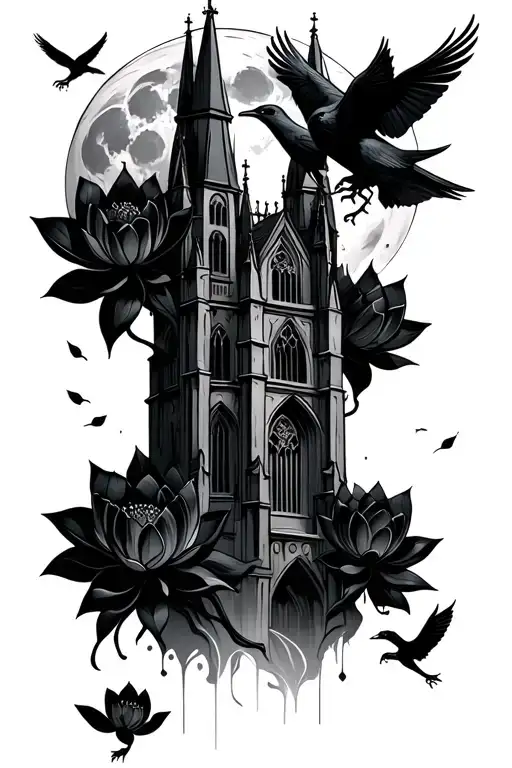 Old Cathedral Tower Floating With Black Lotus Flowers And Crows With A Large Moon In The Background