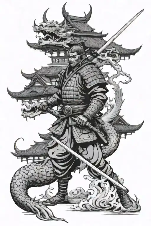 Black And White Black Samurai In Front Of A Pagoda With A With Dragon Behind It