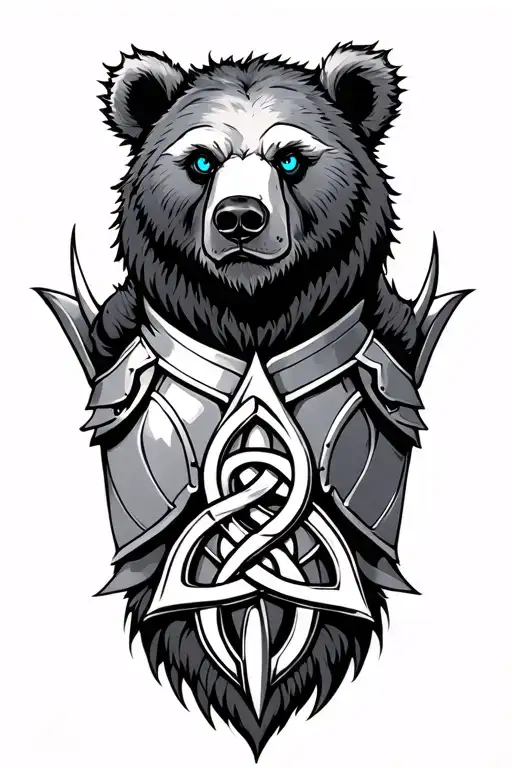 Bear With Blue Eyes On Armor Tattoo Design Featuring Celtic Trinity Knot