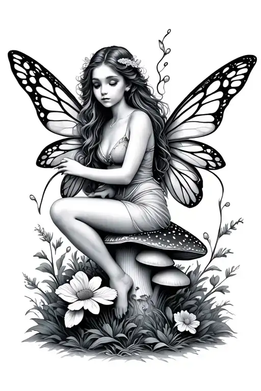 Fairy Sitting On Mushroom With Flowers