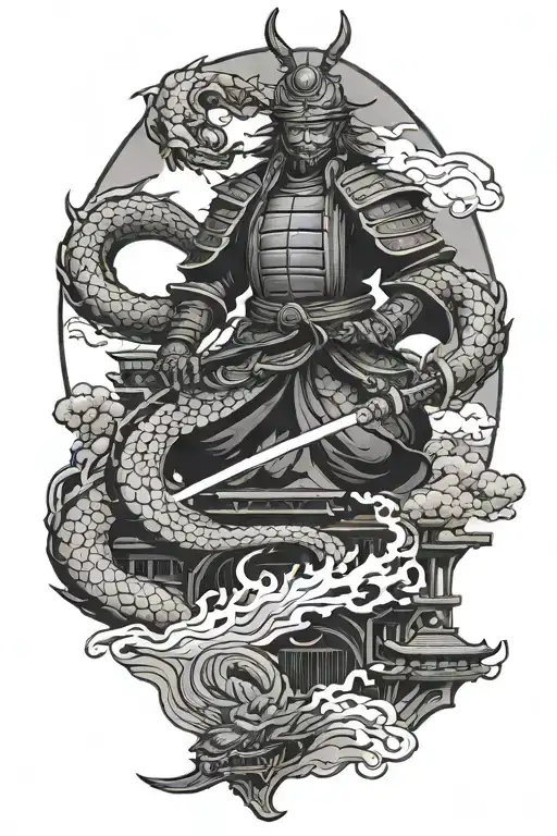 Black Samurai In Front Of A Pagoda With A With Dragon Behind The Pagoda It