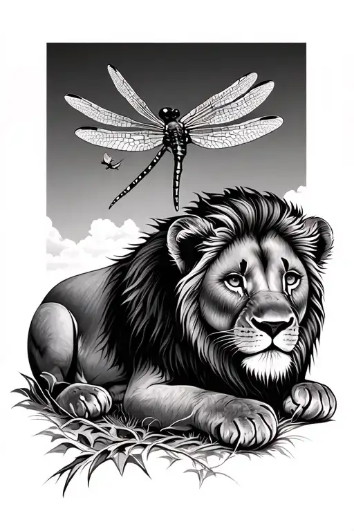 Dragonfly Flying Up From A Lion Cub Resting