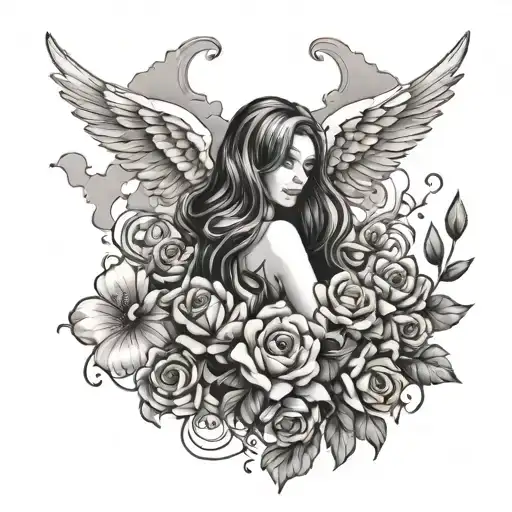 Angel Wings Spread With Flowers And Clouds