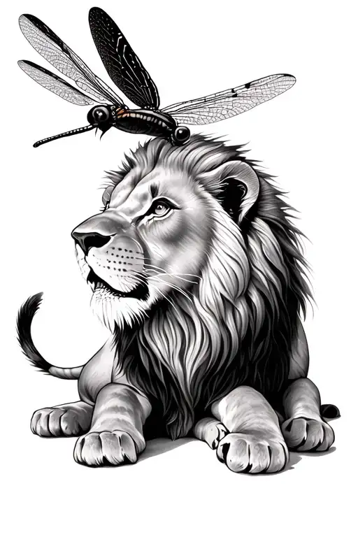 Dragonfly Flying Up From A Lion Cub Resting