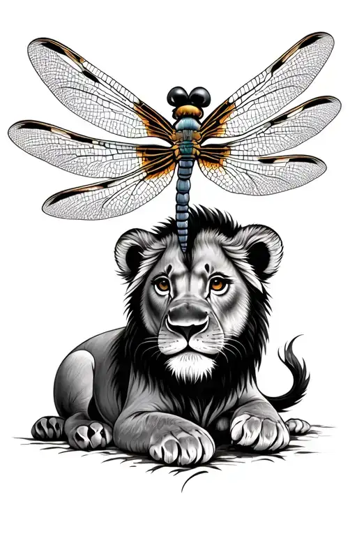 Dragonfly Flying Up From A Lion Cub Resting