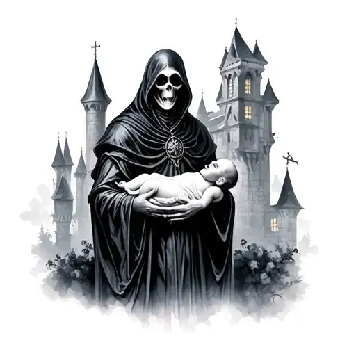 Gothic Castle With Grim Reaper Holding Newborn Baby
