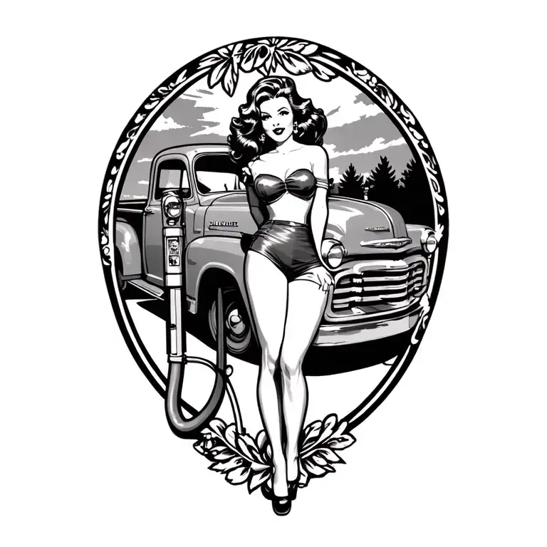 Gas Pump With Pin Up Girl And Old Chevy Truck