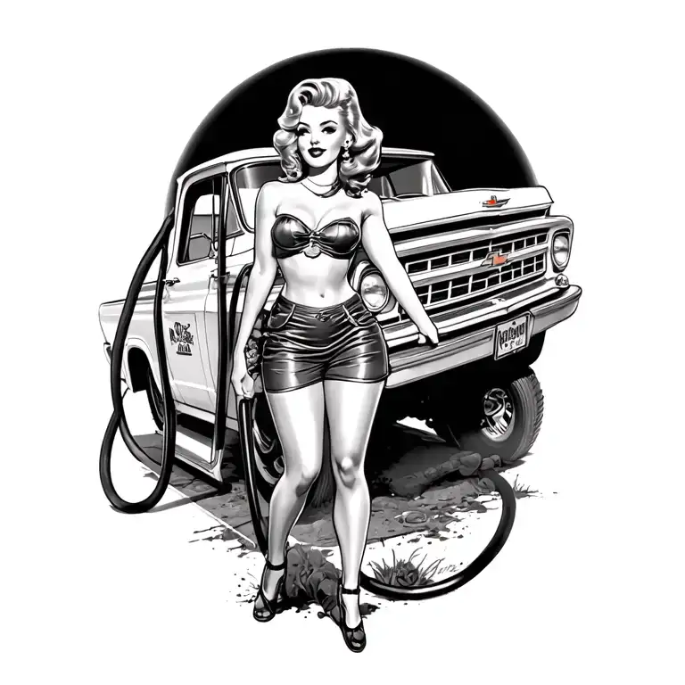 Gas Pump With Pin Up Girl And Old Chevy Truck