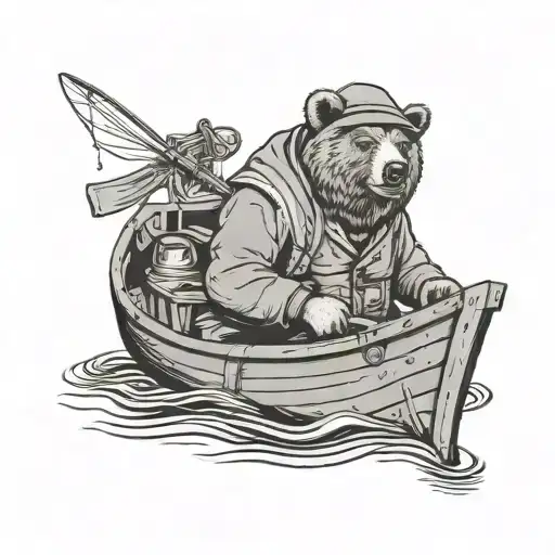 Russian Bear Wearing Irish Old Man Clothes In A Wooden Boat Fishing