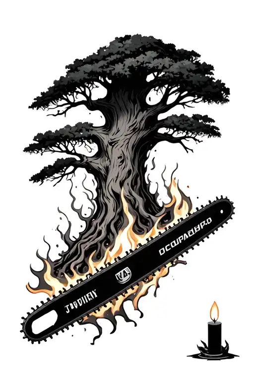 Tree Candle Burning With Chainsaw Cut Open