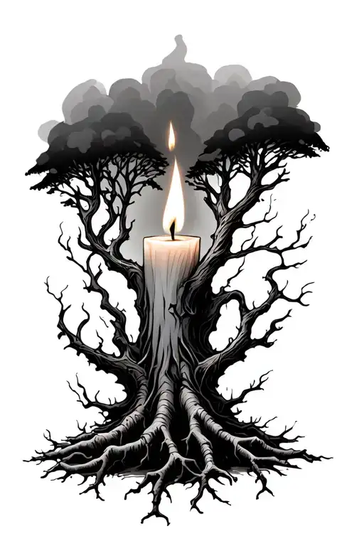 Burning Candle With Tree Roots Growing
