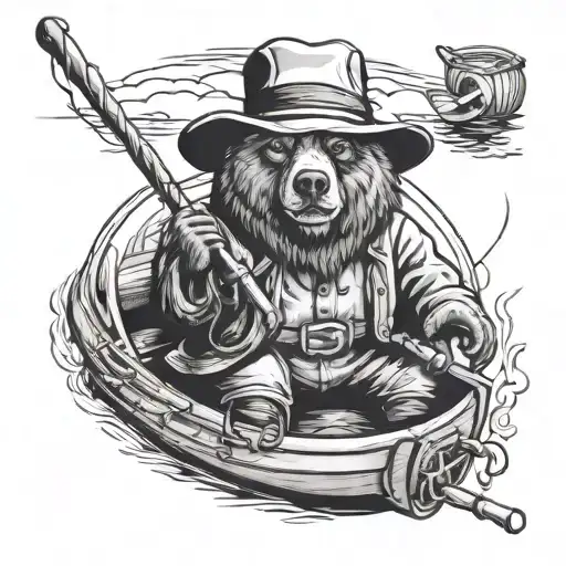 Russian Bear Wearing Irish Old Man Clothes In A Wooden Boat Catching A Fish With A Rod