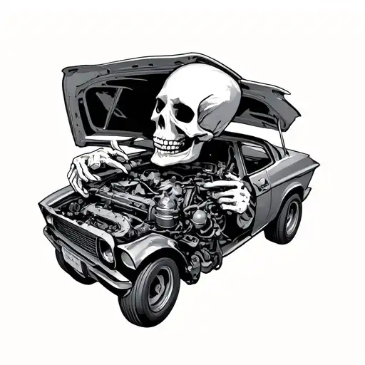 Skeleton Working On A Car Engine