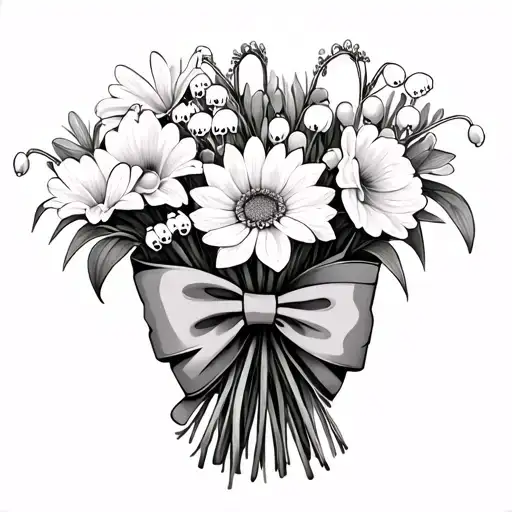 Lily Of Valley Chrysanthemum Narcissus In A Bouquet Wrapped Up In A Bow