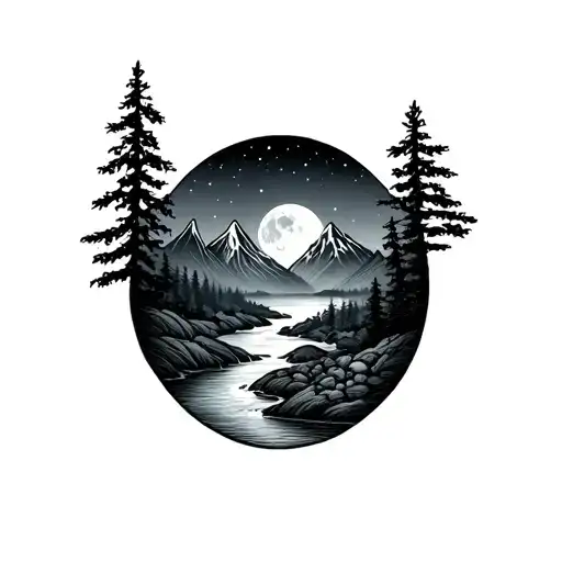 Mountain Landscape Tattoo Featuring River Flowing At Night With A Moon