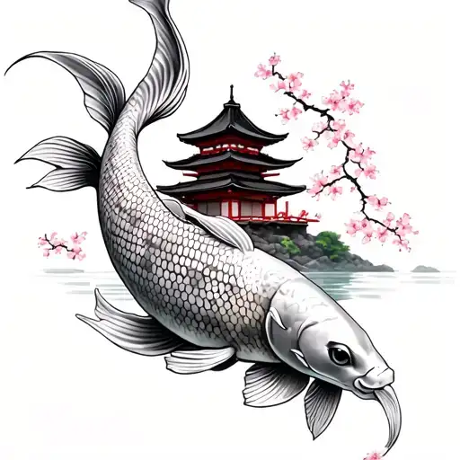 Colored Koi And Japanese Temple And Cherry Blossoms