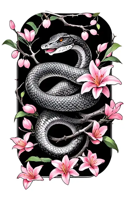 A Snake Wrapped Arond A Branch With Pink Cherry Blossoms Lopped Around Lillies