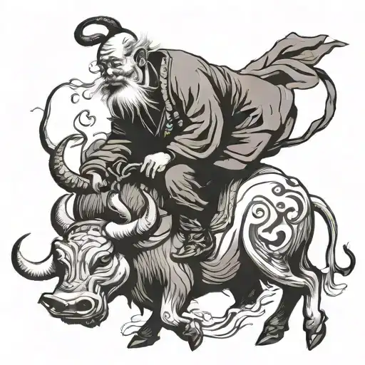 Old Chinese Man Riding Ox