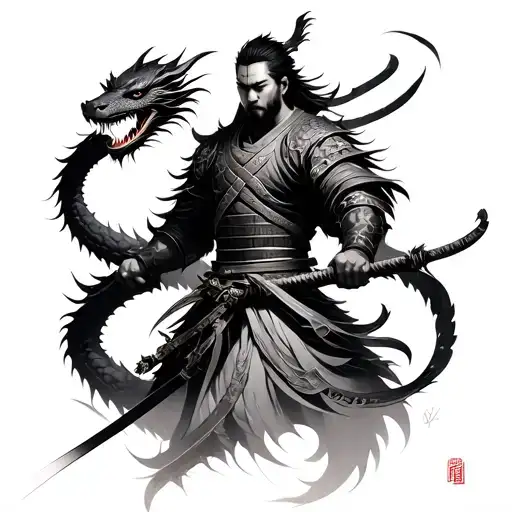 Modern Samurai With Dragon