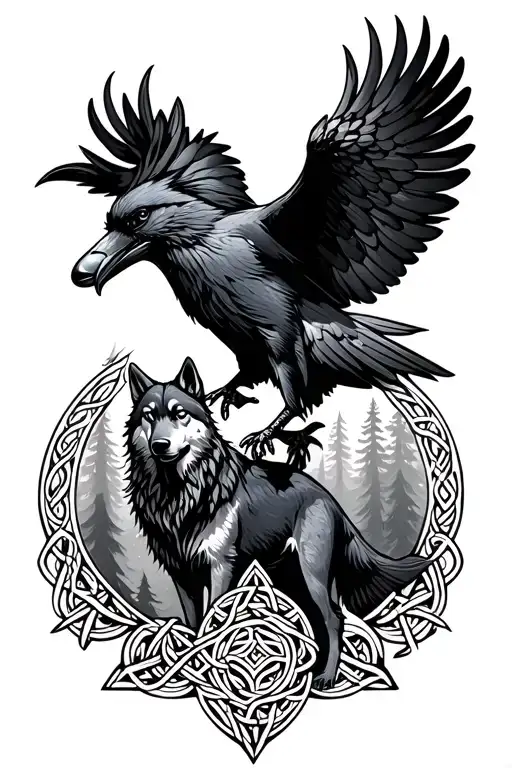 Celtic Pagan Symbols With A Raven Guiding A Wolf In A Forest
