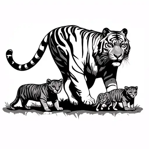 Tiger And 3 Cubs Walking Towards