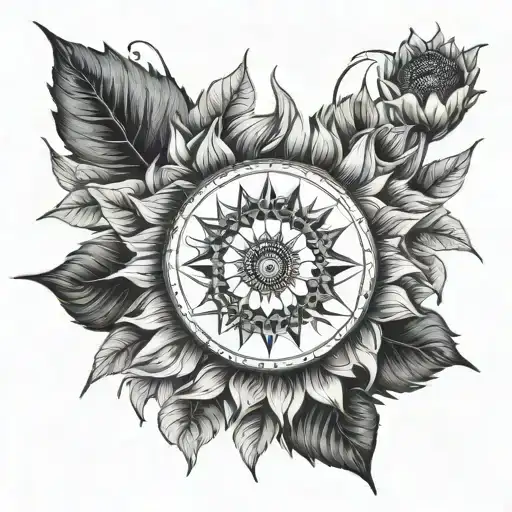 Acompass Sunflower Compass Being In Front But Also Sunflower Being Very Visable As Well