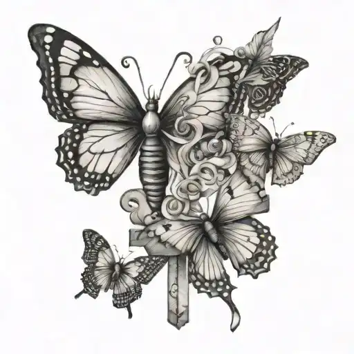 5 Butterflies Flying Towards A Cross And One Butterfly Has A Cancer Ribbon As Its Body